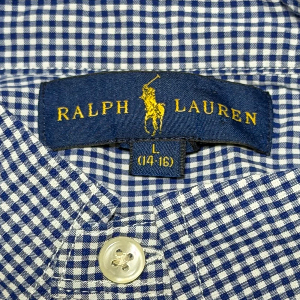 Ralph Lauren Button Down Shirt Kids Size L (14-16) Blue Gingham Long Sleeve Pony